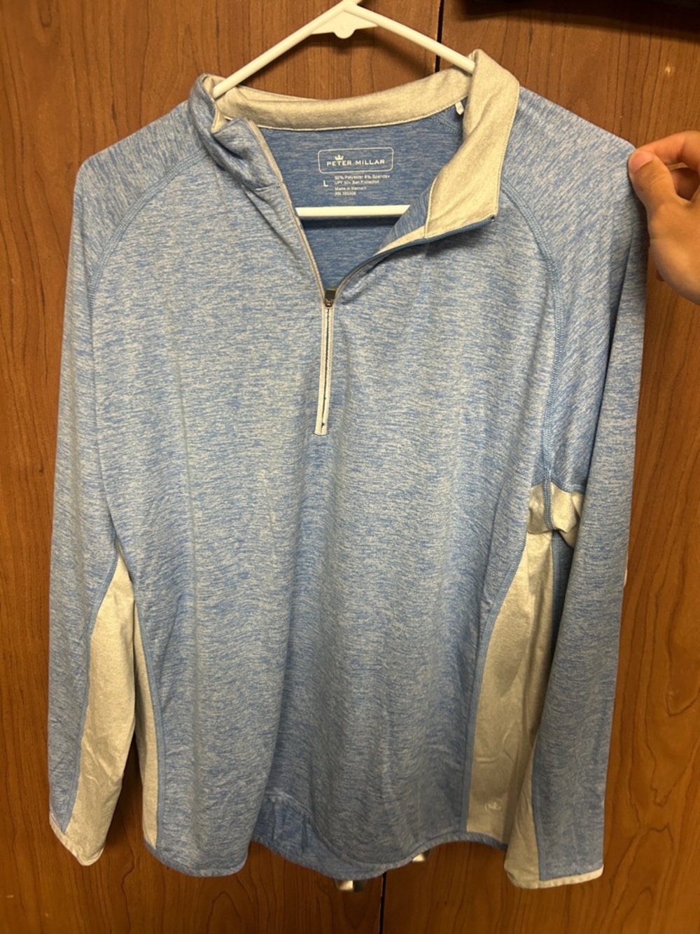 Peter Millar Heathered Light Blue Quarter-Zip with Cream Accents